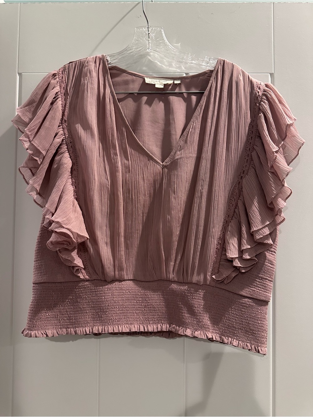 Anthropologie Ruffled V-Neck Flutter Sleeve Top in Dusty Rose